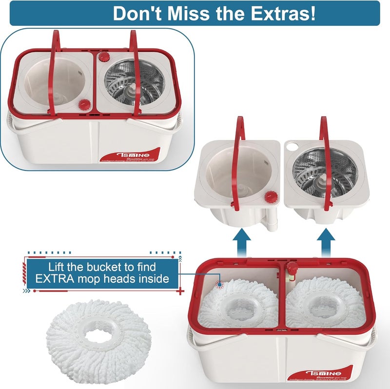 RinseWise Store Gen 1 Large-Capacity Spin Mop and Bucket – for Big Homes & Deep Cleaning Days,4-Chamber System Separates Dirty & Clean Water, 2-GAL Heavy-Duty Design with Wheels & 6 Refill Mop Heads - White/Red - Image 4